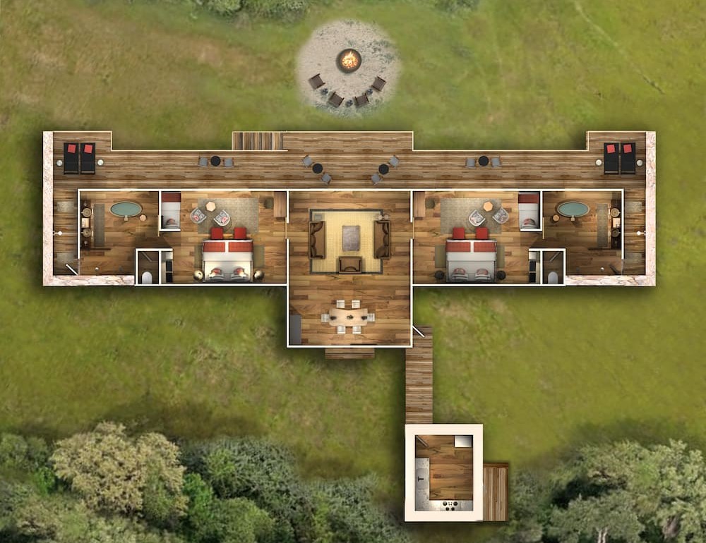 A top view rendering of a Sayari Retreat, detailing the full layout of the unit.