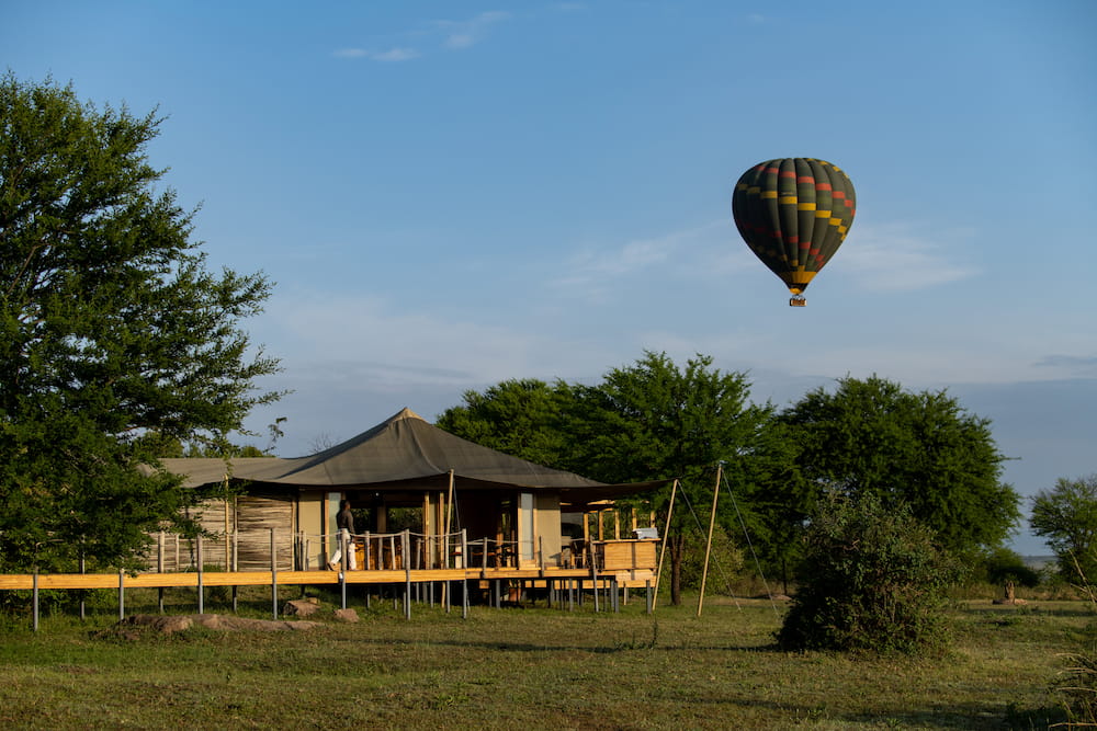 A hot air balloon sails past Sayari Camp at sunrise.
