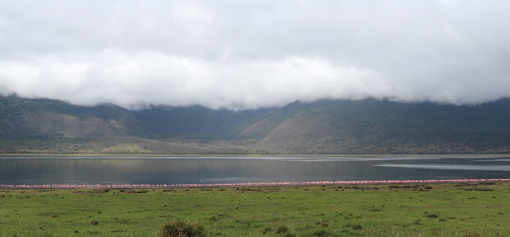 The flamingo lined lake in the Empakai Crater
