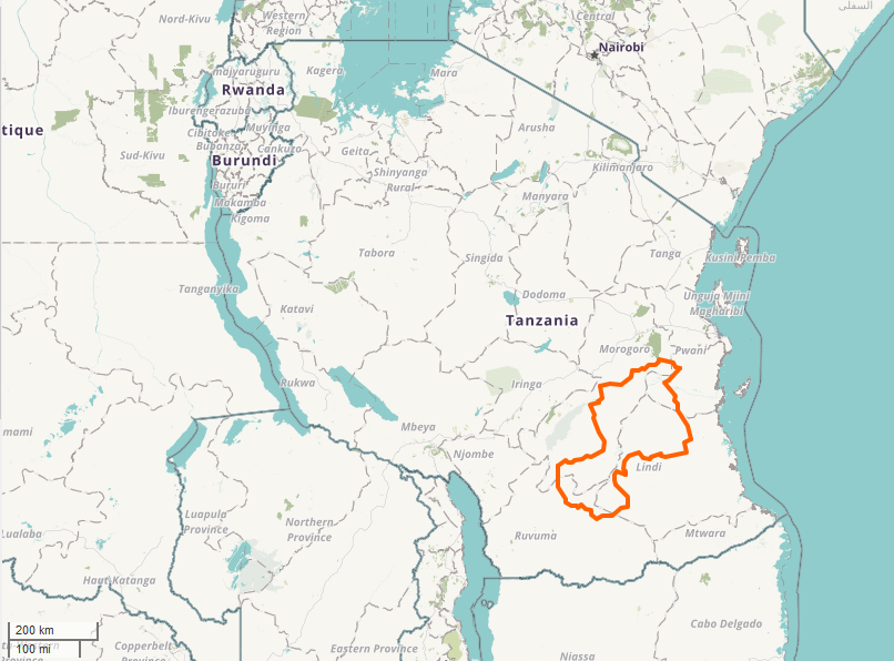 A map of Tanzania outlining the Selous Game Reserve, showing its scale relative to the size of the country.
