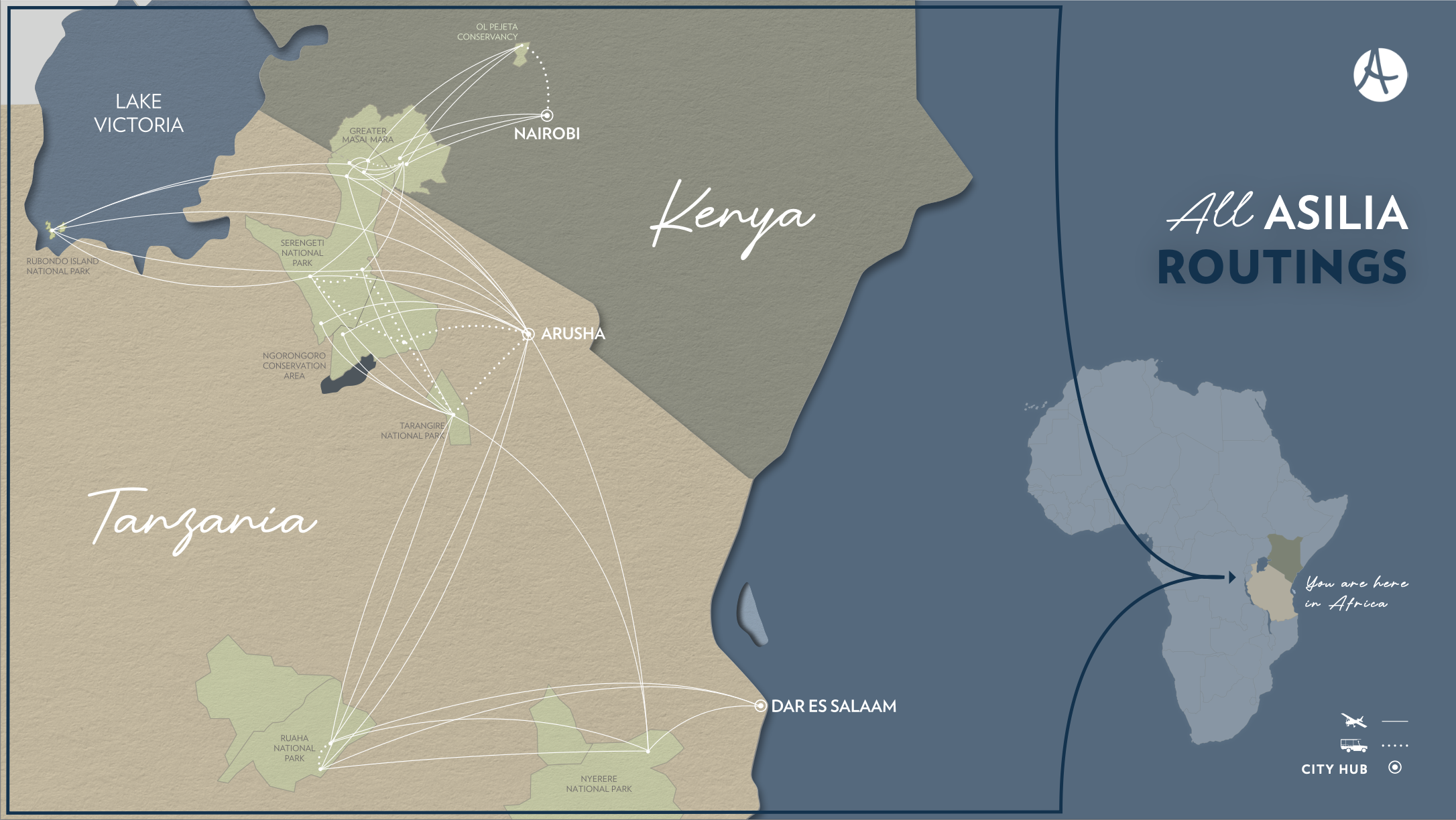 A map of Kenya and Tanzania showing all the possible routes available as part of the All Asilia offer