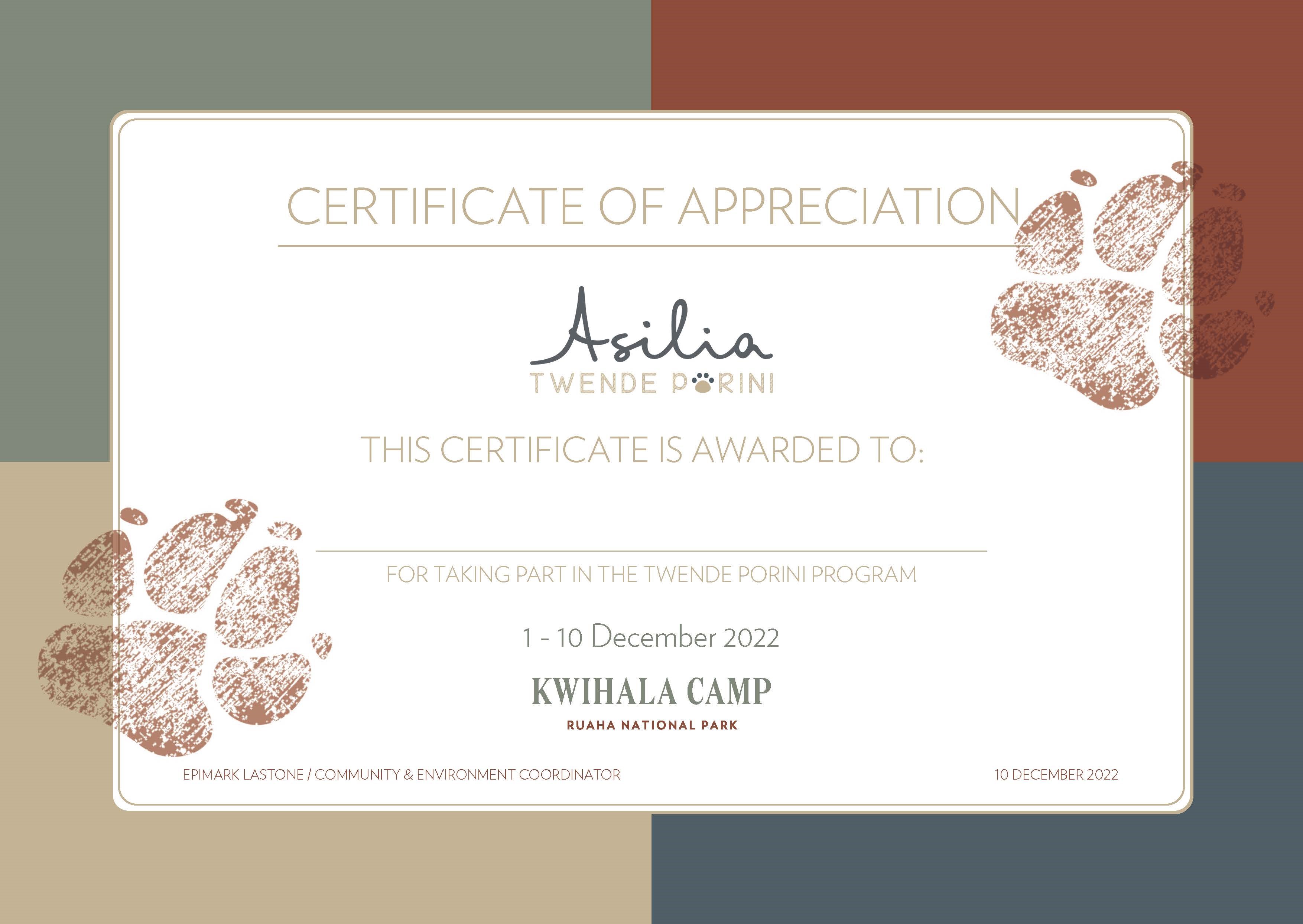 A copy of the certificate of appreciation each Twende Porini child receives.