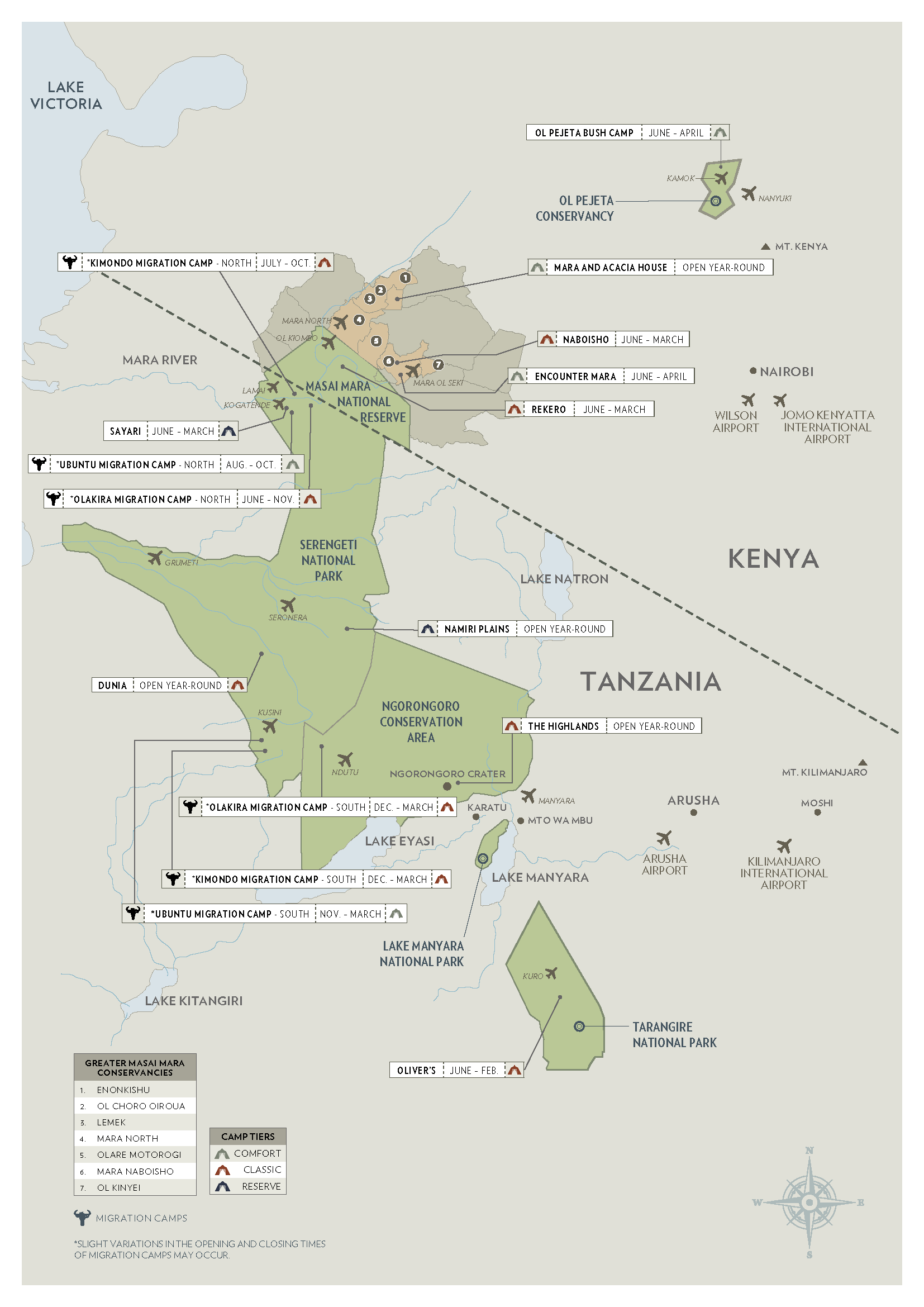 Map of Tanzania and Kenya showing off the Asilia Camps