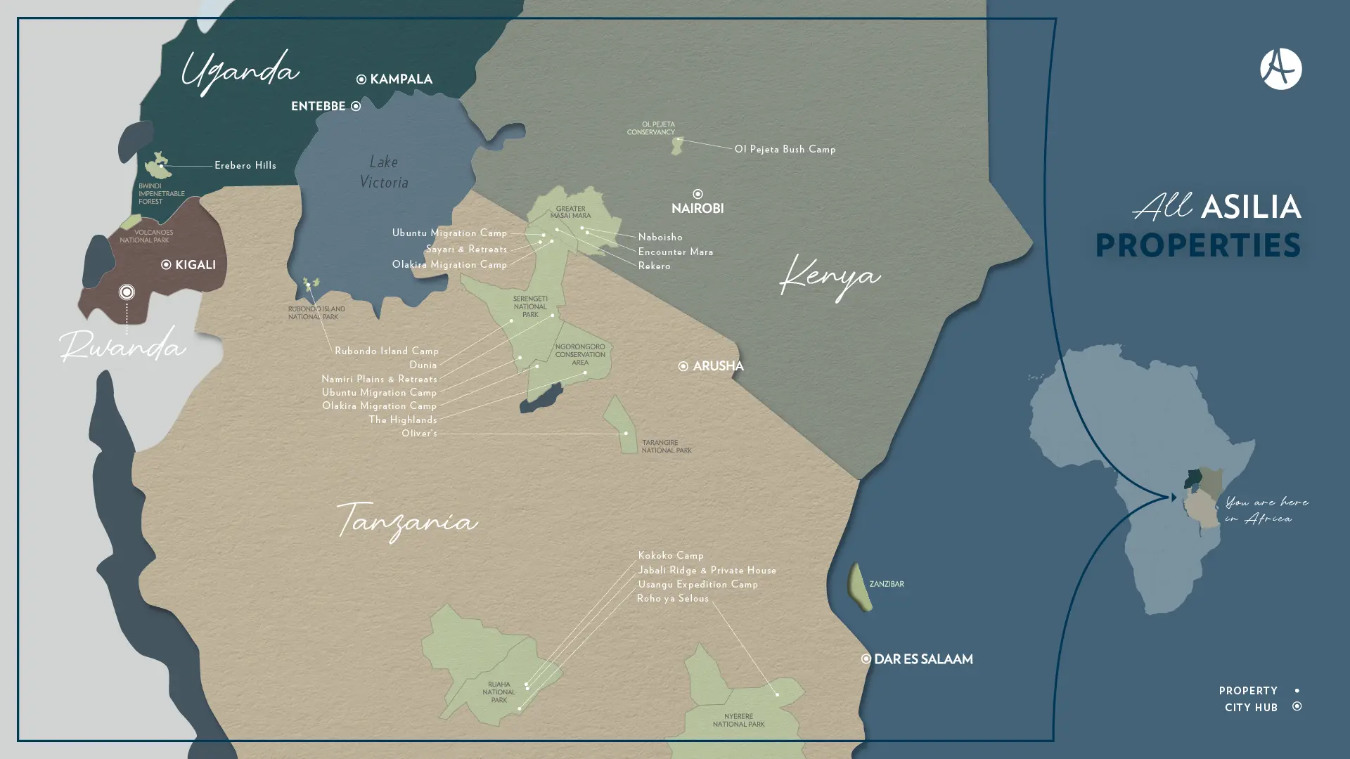 Map showing all Asilia Africa properties across East Africa