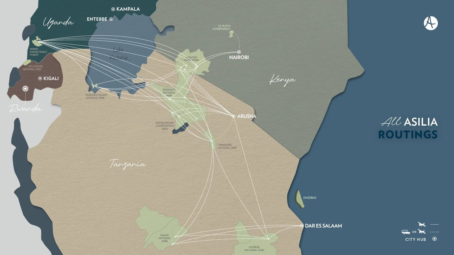 Map showing all routes via All Asilia across East Africa