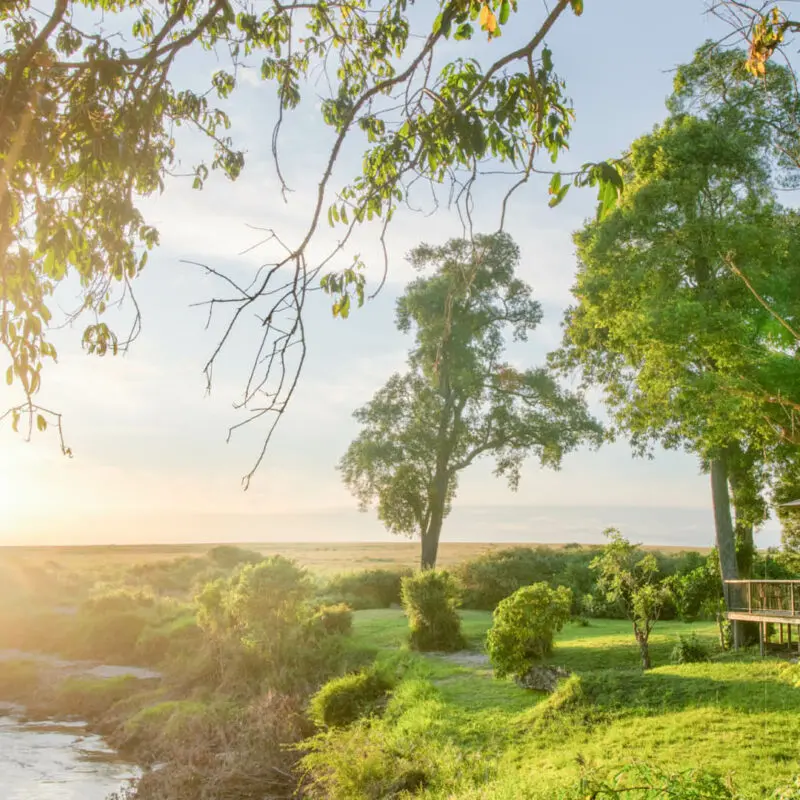The deck area at Rekero overlooking the river bend at sunset