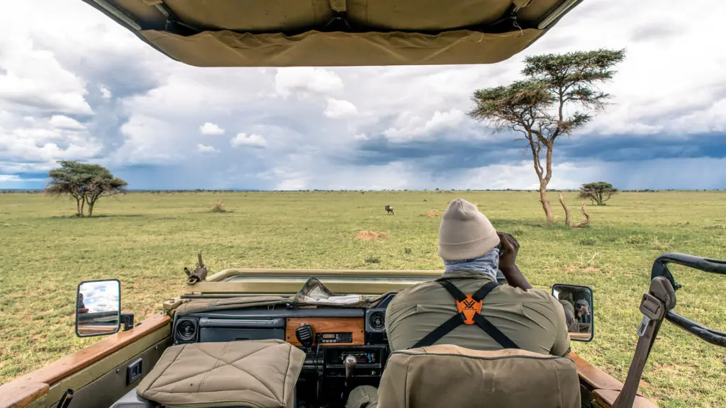 An Asilia guide looks out over the plains using binoculars