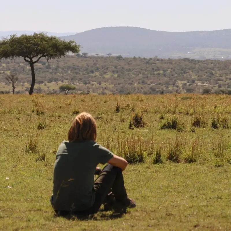 A person sitting on open grassland looking toward distant hills and a lone tree in the Maasai Mara
