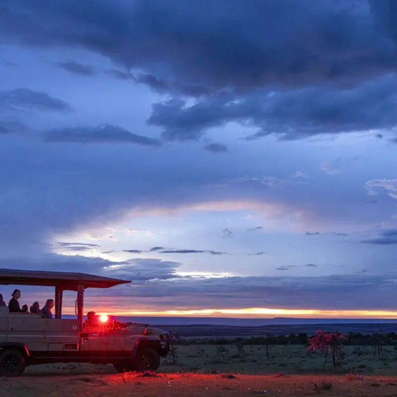 Guests ride in an open safari vehicle during a night game drive from Naboisho Camp, illuminated by red lights against a vast savannah and dramatic twilight sky.