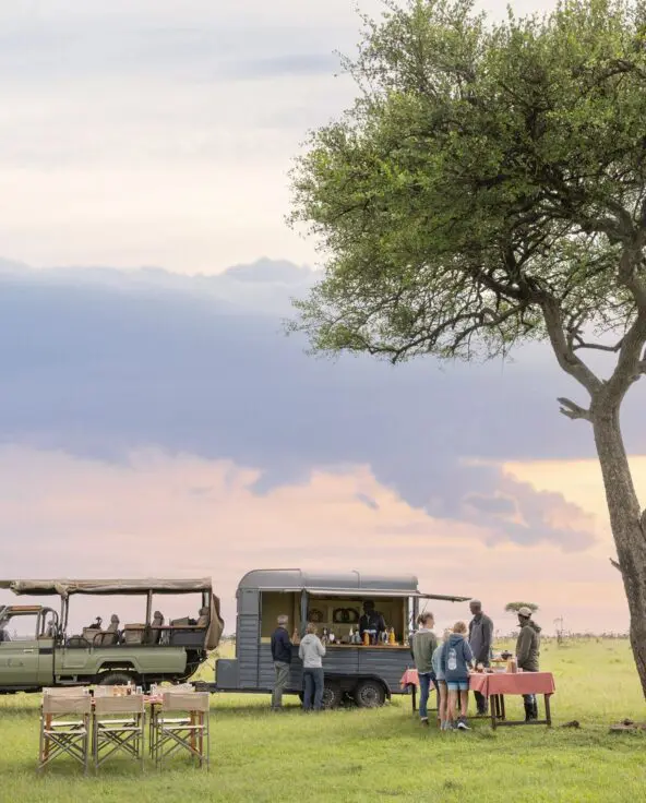 Guests gather beside a safari vehicle and mobile bar under a lone acacia tree, enjoying sundowner drinks on open grassland at sunset.