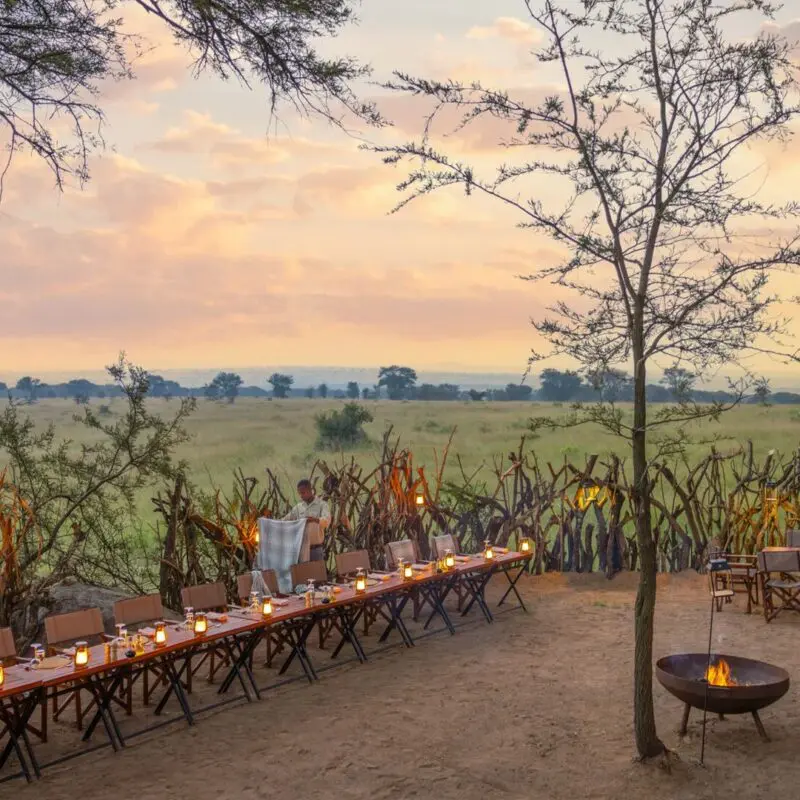 An outdoor safari dinner set at dusk, with long tables lit by lanterns, a small fire pit, rustic fencing, and expansive savannah views beneath a soft sunset sky.