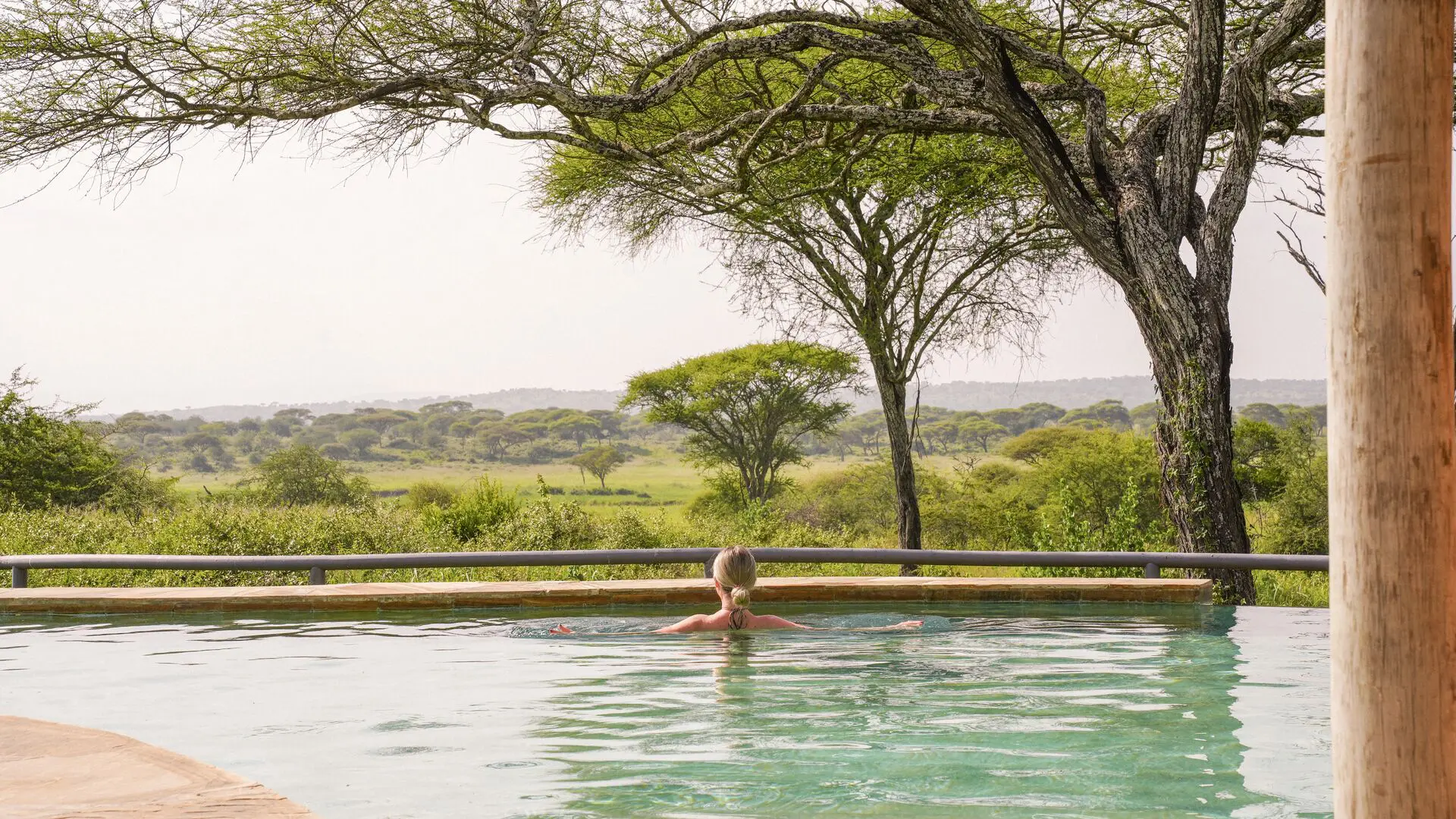 A guest relaxing in an infinity pool facing a wide savannah landscape with scattered acacia trees
