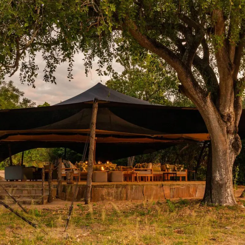 Roho ya Selous' lounge and dining area surrounded by trees and softly lit in the evening
