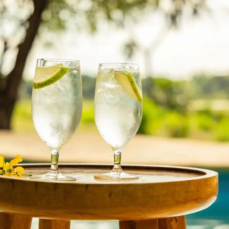 Two chilled drinks with lime slices on a wooden table beside a swimming pool overlooking greenery at Roho ya Selous