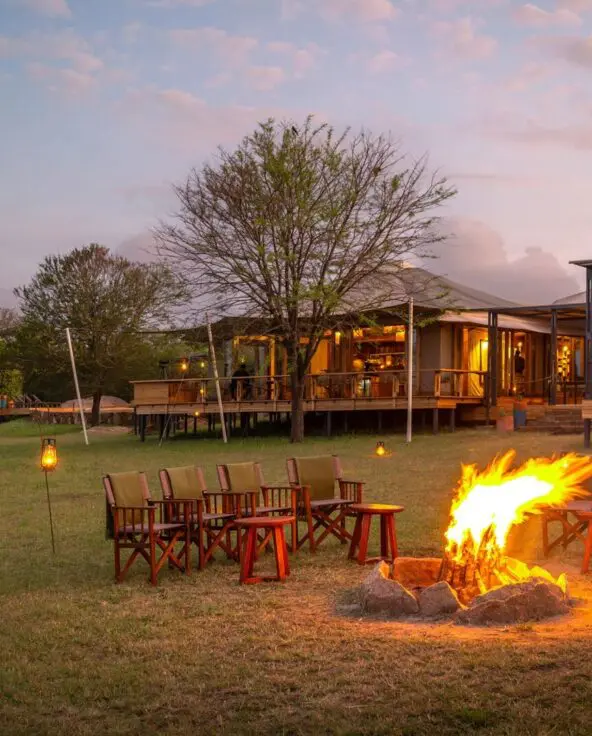 Guests relax around a glowing campfire at dusk, with wooden safari chairs arranged on the grass and the warmly lit Sayari Camp lodge in the background under a soft pink and blue evening sky.