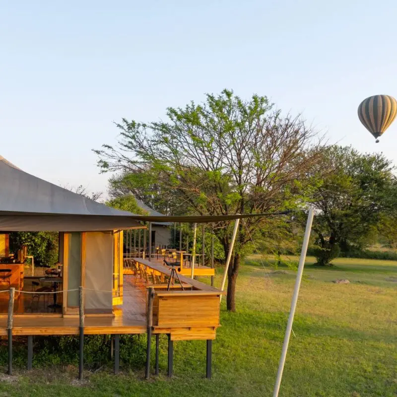 Sayari Camp’s raised lounge and deck overlooking open Serengeti grassland, with a hot air balloon floating in the distance during early morning light, framed by trees and clear skies.