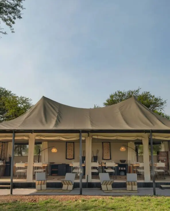 Ubuntu Migration Camp's spacious open-sided safari dining tent with neatly arranged tables and chairs, canvas walls, and modern furnishings, set among trees and grassland under a clear sky.
