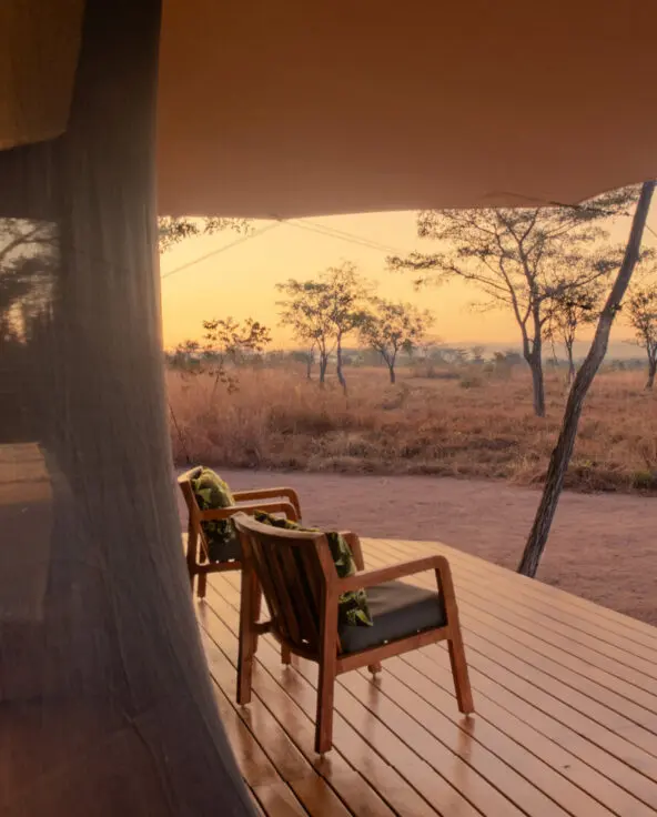 Two chairs on a wooden deck outside a guest room at Usangu Camp overlooking dry grassland at sunrise