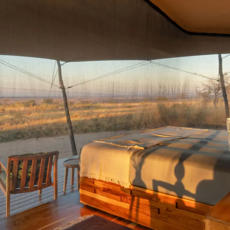 The interior of a guest bedroom at Usangu Camp with a bed facing expansive views of Ruaha National Park through mesh walls