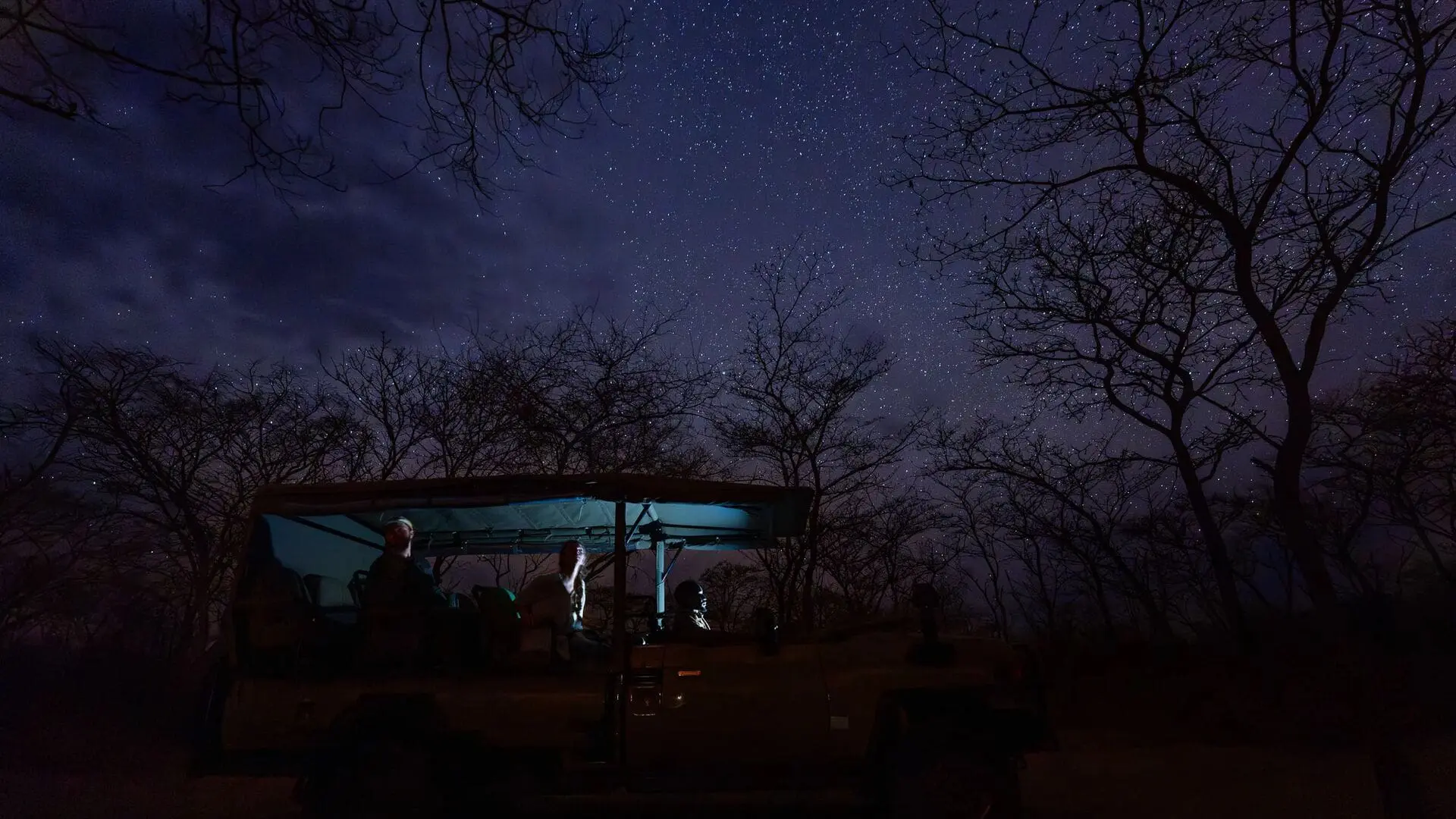 An Asilia safari vehicle with guests looking up at a starry night sky surrounded by silhouetted trees in Ruaha National Park