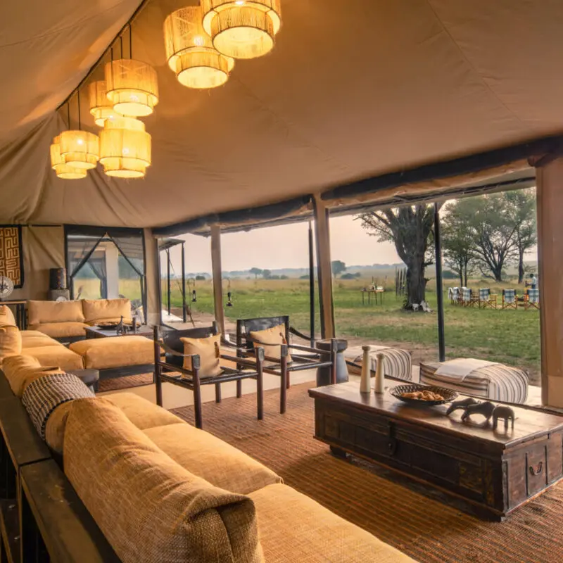 A gently lit and cosy lounge looks out from its tented structure onto the bush