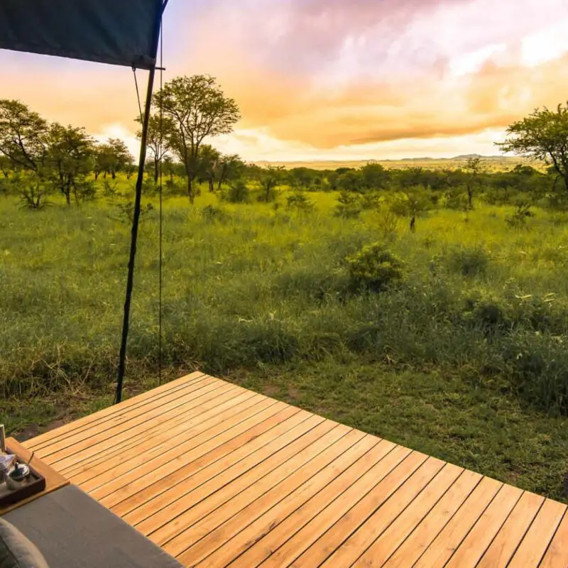 Sunrise view from the guest tent deck at Dunia Camp in Serengeti National Park