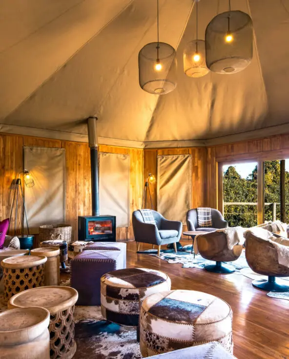 Inside view of guest bar area, The highlands camp, Ngorongoro Conservation Area, Tanzania