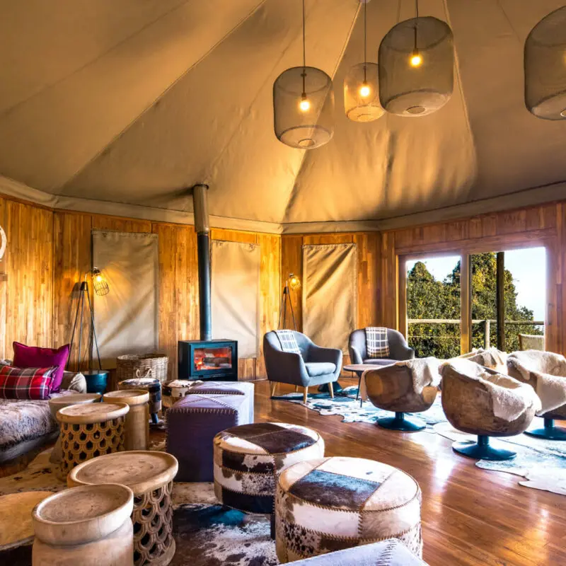 Inside view of guest bar area, The highlands camp, Ngorongoro Conservation Area, Tanzania
