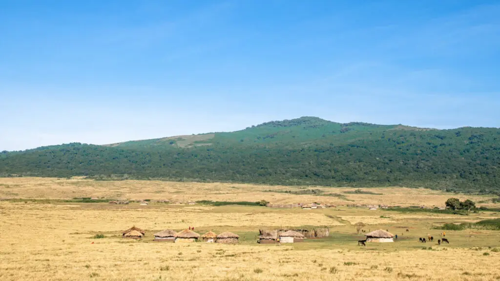 Landscape with view of a masai village, the highlands camp, Ngorongoro Conservation Area, Tanzania