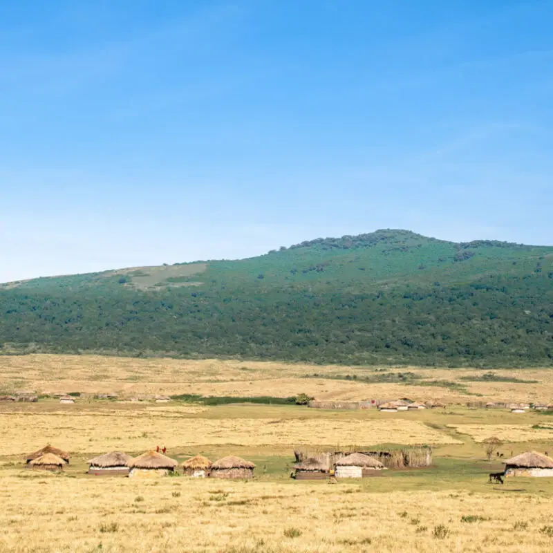 Landscape with view of a masai village, the highlands camp, Ngorongoro Conservation Area, Tanzania