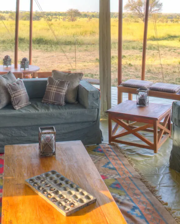Asilia Olakira Migration Camp, guest lounge, inside main area, Serengeti National Park, Tanzania
