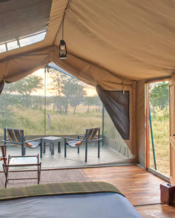 Asilia Olakira Migration Camp, inside view of guest tent and stargazing, Serengeti National Park, Tanzania