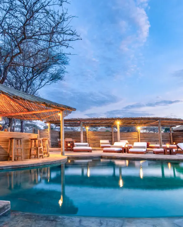 Camp pool and loungers, olivers camp, Tarangire National Park, Tanzania