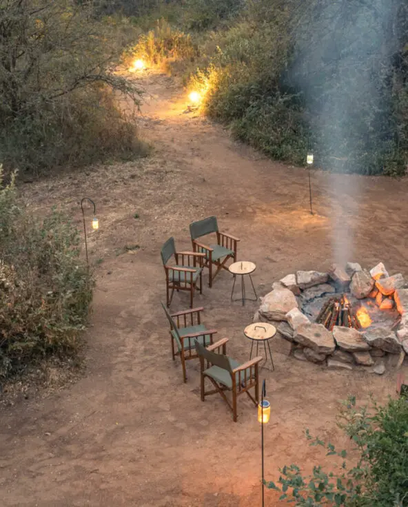 Campfire and sundowner set up, olivers camp, Tarangire National Park, Tanzania