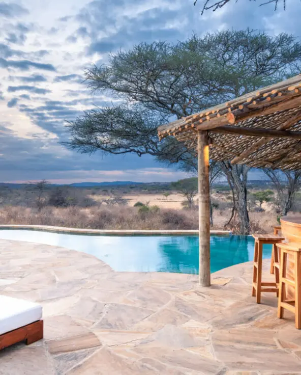 Camp pool, bar and landscape view, olivers camp, Tarangire National Park, Tanzania