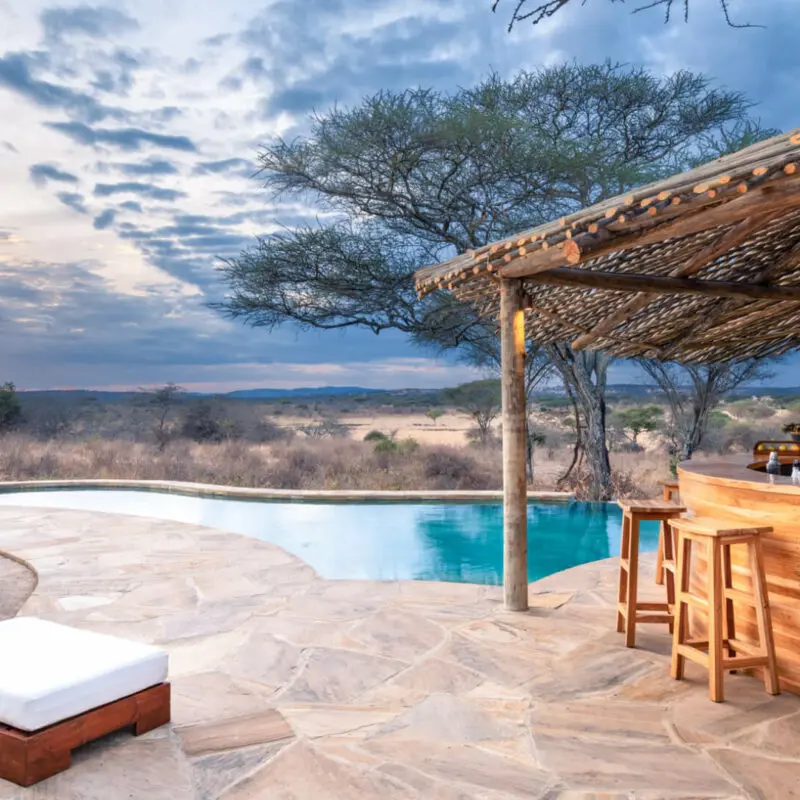 Camp pool, bar and landscape view, olivers camp, Tarangire National Park, Tanzania