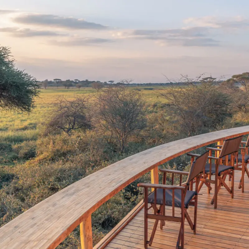 View of sunrise from the deck, olivers camp, Tarangire National Park, Tanzania