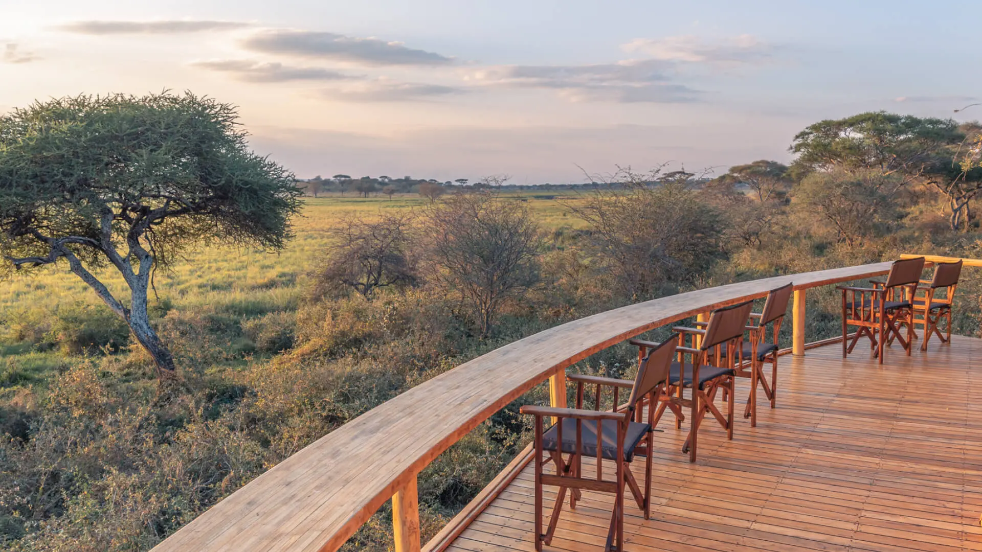 View of sunrise from the deck, olivers camp, Tarangire National Park, Tanzania