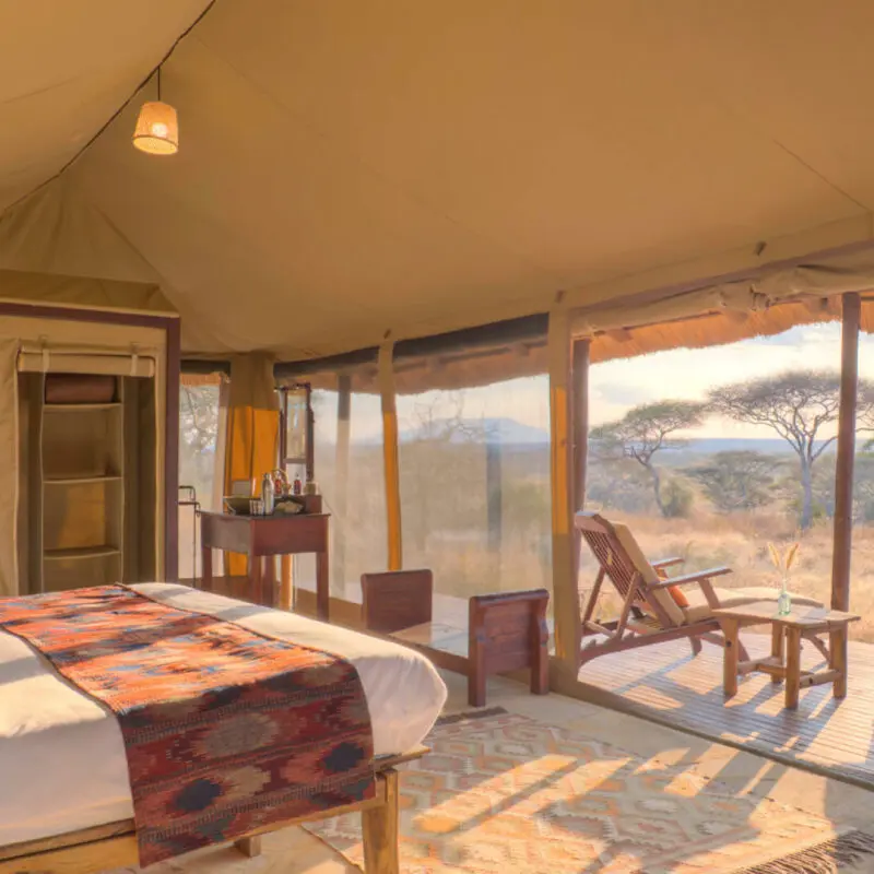 Inside view of guest tent bedroom, olivers camp, Tarangire National Park, Tanzania