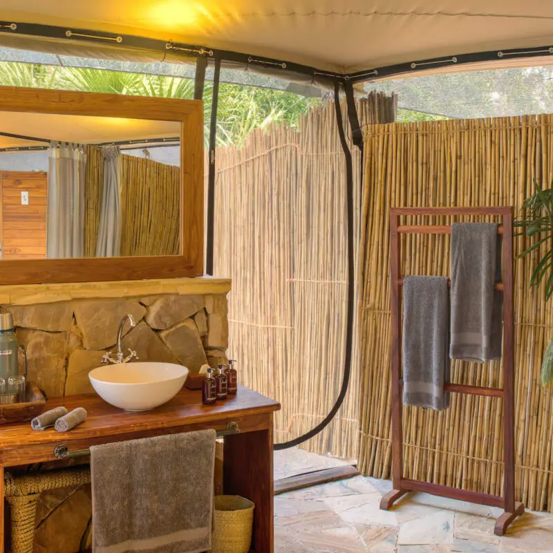 Roho ya Selous Camp, Nyerere National Park, guest bathroom with double vanity and towels hanging on a rack near a plant, bamboo surrounding