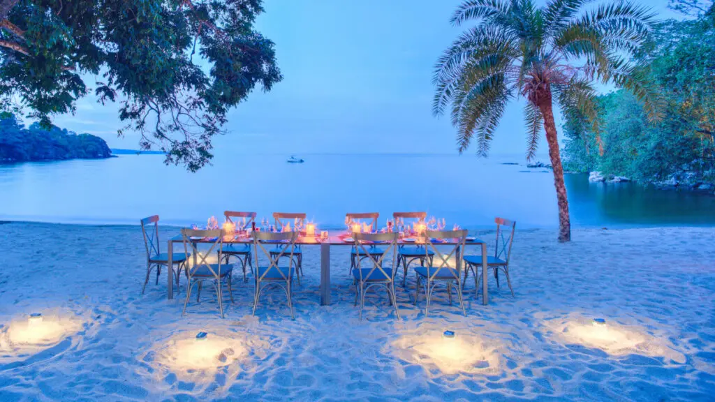 Rubondo Island Camp, Lake Victoria, private dining on the shore, setup with candles at sunset, sand, palm trees and lake in the background