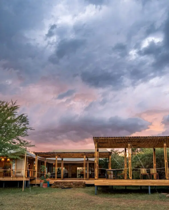 Sayari Camp, Northern Serengeti, view outside after sunset, grey skies, landscape