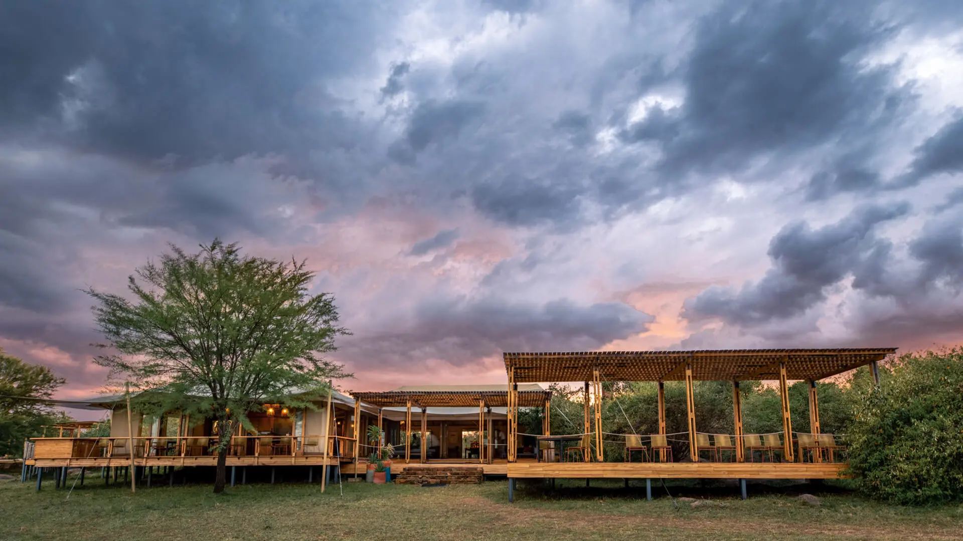 Sayari Camp, Northern Serengeti, view outside after sunset, grey skies, landscape
