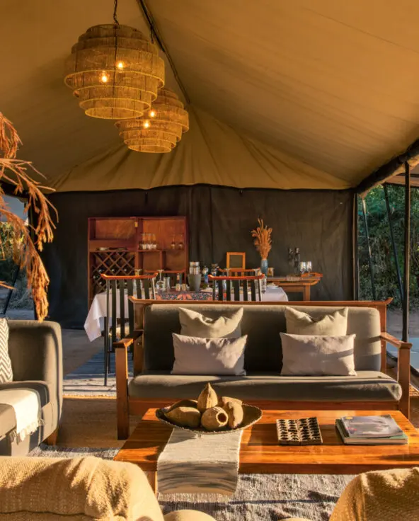 Comfy sofas, coffee tables, and classic decor of the Kokoko main areas