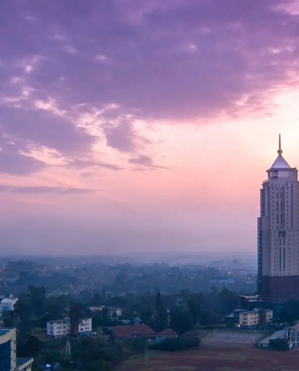 A view of the skyline in Nairobi Kenya at sunset