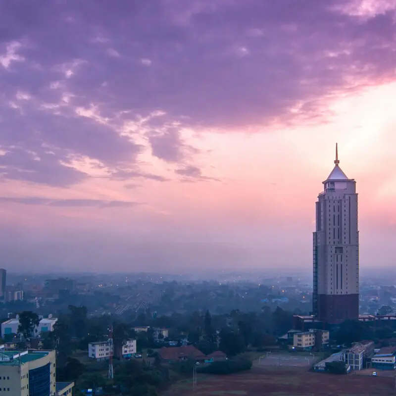 A view of the skyline in Nairobi Kenya at sunset
