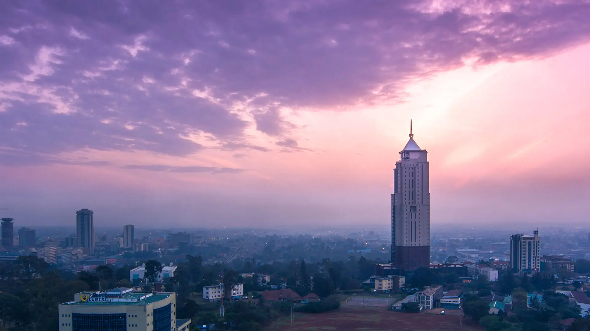 A view of the skyline in Nairobi Kenya at sunset