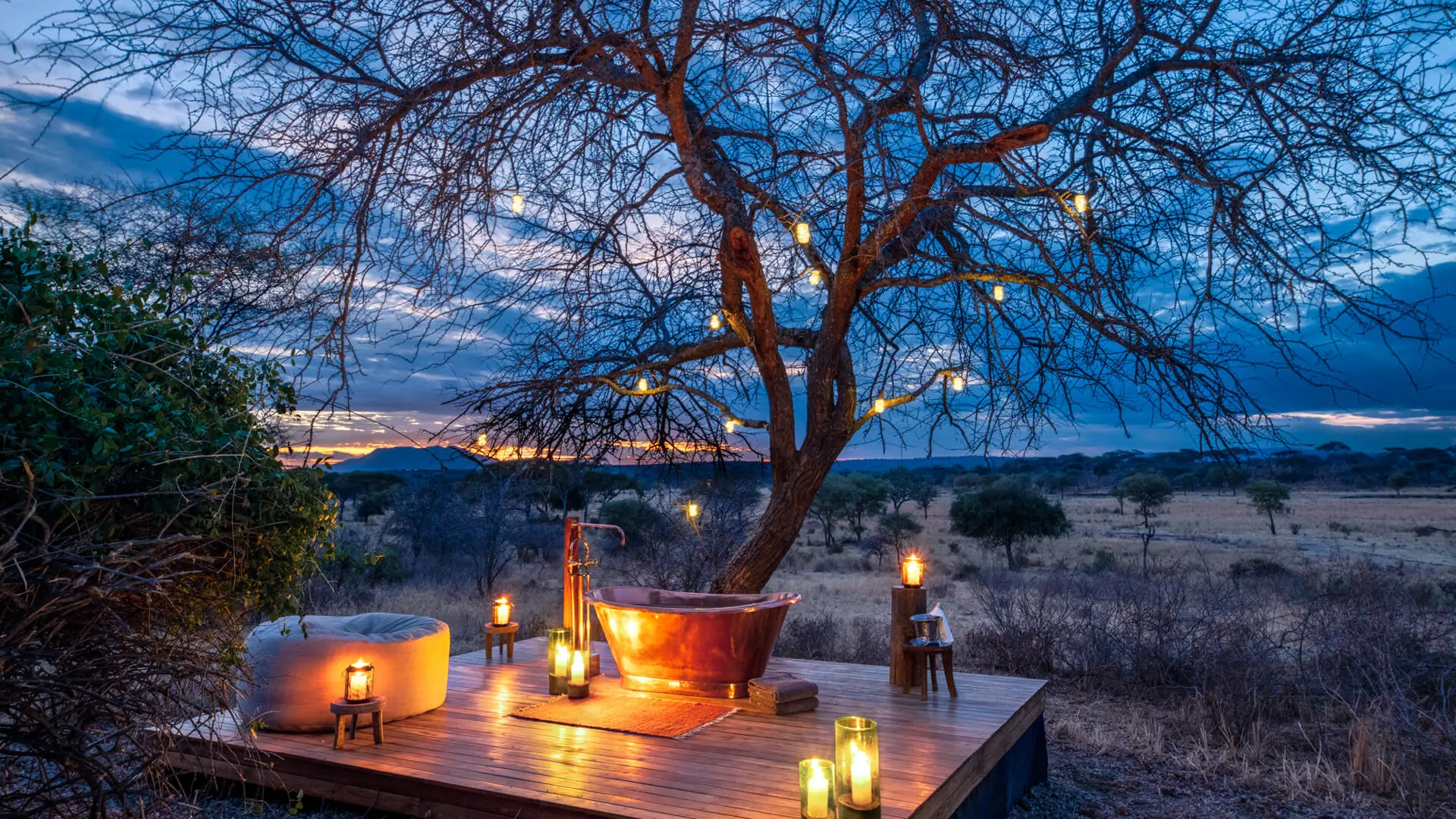 A romantic bath set up on a private safari