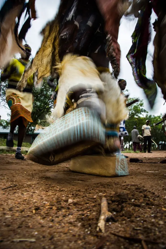 A close up of traditional shoes used in Kuria dancing.