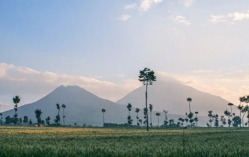 The distant peaks of Volcanoes National Park tower over the Rwandan landscape